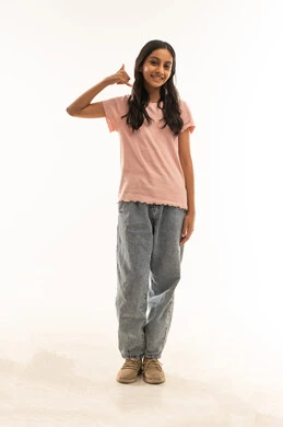 Arab Girl Call Me Hand Gesture Studio White Background