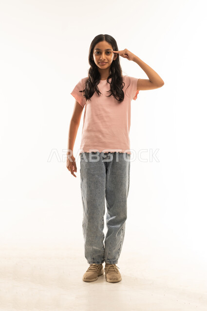 Saudi Girl Thinking Gesture on White Background