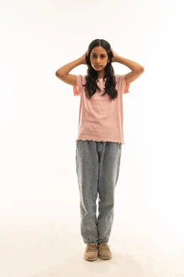 Indian Teenage Girl in Pink Shirt on White Background