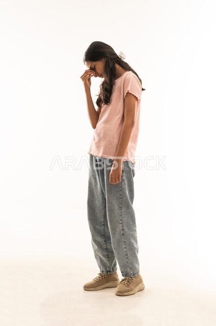 Stressed Arab Woman on White Background