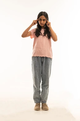 Omani Girl Thinking Standing on White Background