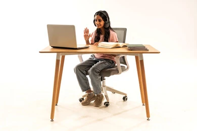 Student Girl on Laptop Video Call White Background