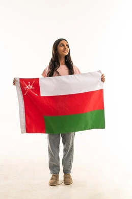 Omani Girl Holding Oman National Flag on White