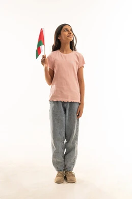 Omani Girl Holding National Flag on White Background