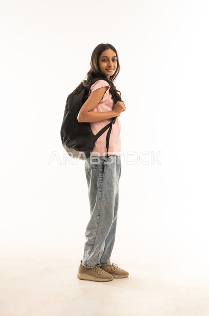 Saudi Student Girl with School Backpack on White