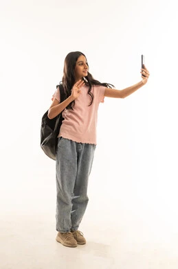 Saudi Girl Student Using Smartphone on White Background