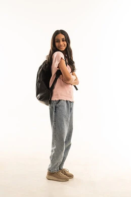 Arab Girl Student with Backpack on White Background