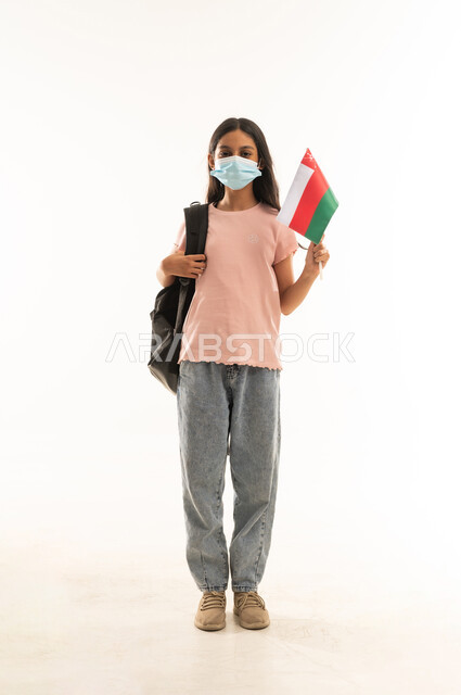Omani Student Girl with Flag and Face Mask
