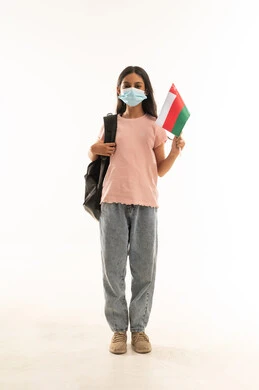 Omani Student Girl with Flag and Face Mask