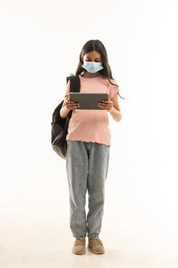 Saudi Student Girl Holding Tablet with Mask
