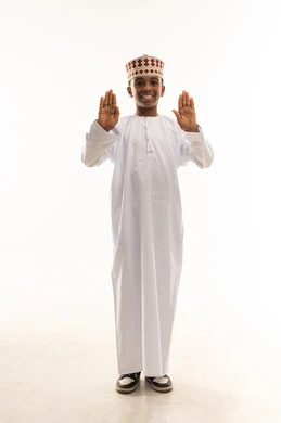 Omani Boy in Traditional Dress Greeting on White Background