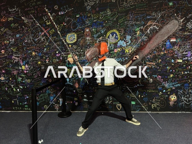 رجل يرتدي زي لعبة تنكري في فعالية جيمينق بلس (+) في جامعة الملك فهد للبترول والمعادن بالظهران، المنطقة الشرقية، المملكة العربية السعودية، يوم 28 من يناير 2026، تجربة ترفيهية رقمية مخصصة لعشّاق الألعاب الإلكترونية، مسابقات وتحديات ألعاب، أجهزة وتقنيات حديثة، مشاركة شبابية واسعة، أجواء حماسية تجمع بين الترفيه والتقنية.