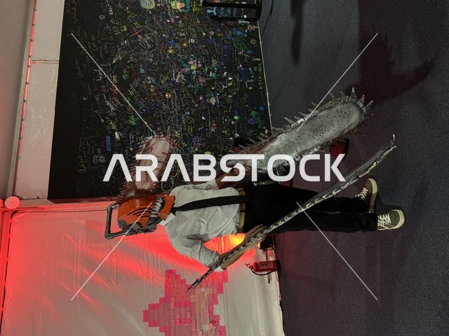 رجل يرتدي زي لعبة تنكري في فعالية جيمينق بلس (+) في جامعة الملك فهد للبترول والمعادن بالظهران، المنطقة الشرقية، المملكة العربية السعودية، يوم 28 من يناير 2026، تجربة ترفيهية رقمية مخصصة لعشّاق الألعاب الإلكترونية، مسابقات وتحديات ألعاب، أجهزة وتقنيات حديثة، مشاركة شبابية واسعة، أجواء حماسية تجمع بين الترفيه والتقنية.