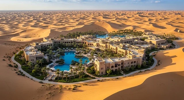 منتجع قصر السراب الصحراوي بإدارة أنانتارا، دولة الإمارات العربية المتحدة، منتجع فاخر في قلب الصحراء، عمارة عربية أصيلة، إطلالات على الكثبان الرملية، تجربة ضيافة راقية تجمع الرفاهية والهدوء والطبيعة الصحراوية