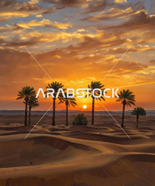غروب الصحراء مع نخيل باسق يظهر كظلال تحت سماء ذهبية، كثبان رملية مموجة وسحب منخفضة، خلفية الصحراء والهدوء في الأفق المفتوح.