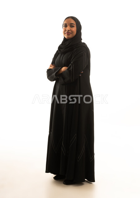 Saudi Woman in Black Abaya on White Background
