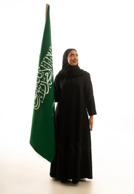 Saudi Woman with National Flag on White Background