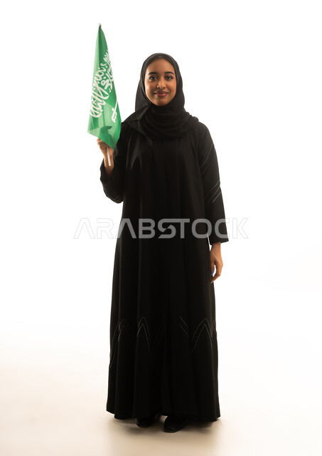Saudi Woman with National Flag on White Background