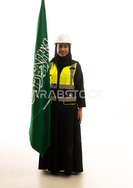 Saudi Female Engineer with National Flag on White Background