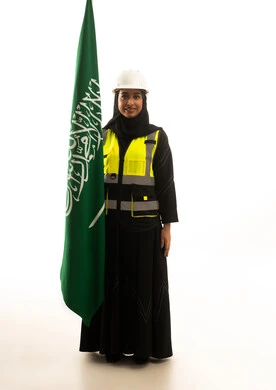 Saudi Female Engineer with National Flag on White Background