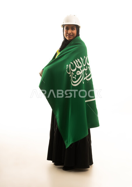 Saudi Female Engineer with Flag on White Background