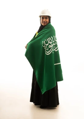 Saudi Female Engineer with Flag on White Background