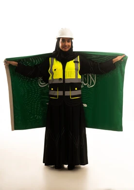 Saudi Female Engineer Holding Flag on White Background