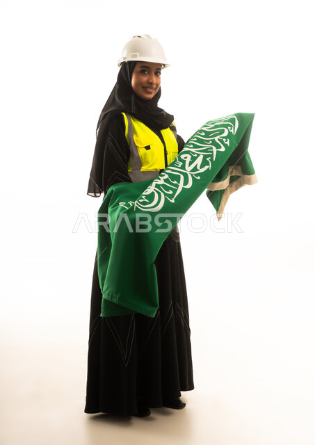 Saudi Female Engineer Holding National Flag on White