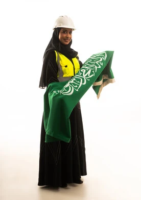 Saudi Female Engineer Holding National Flag on White