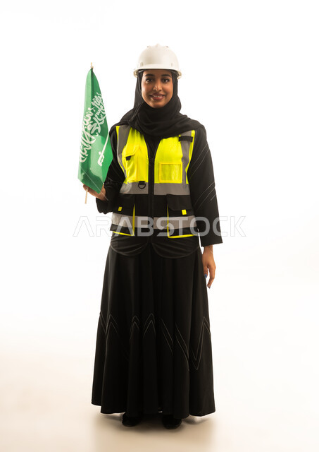 Saudi Female Engineer with National Flag on White Background