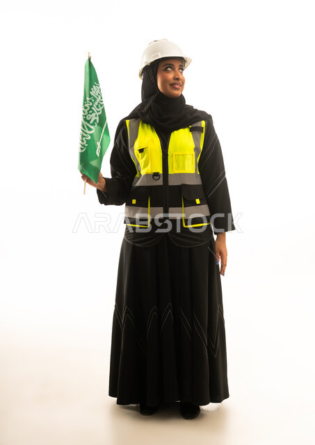 Saudi Female Engineer Holding Flag on White Background