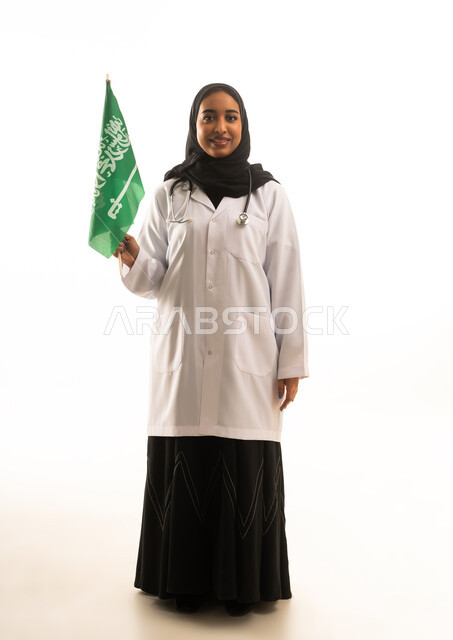 Saudi Female Doctor Holding National Flag on White