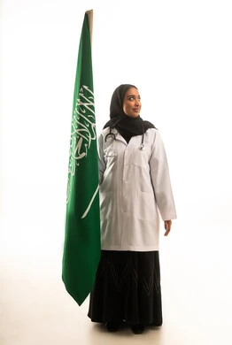 Saudi Female Physician with National Flag on White Background
