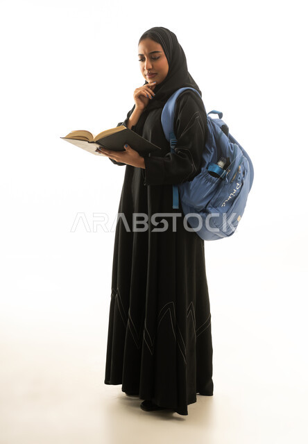 Saudi Female Student Reading Book on White Background