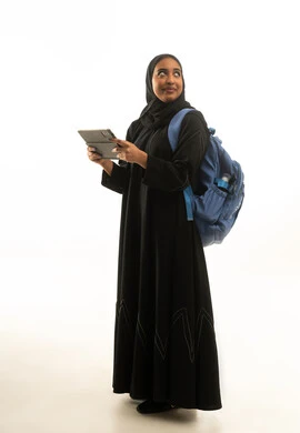 Saudi Female Student with Digital Tablet and Backpack