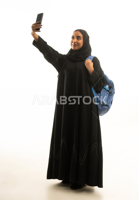 Saudi Female Student Taking Selfie White Background