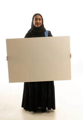 Saudi Woman Holding Blank Poster on White Background