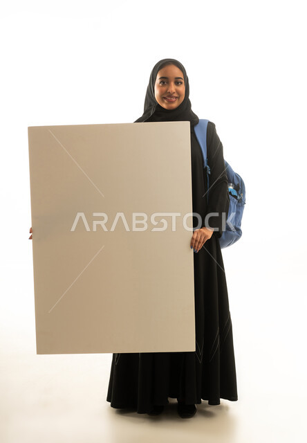 Saudi Student Holding Blank White Board Background