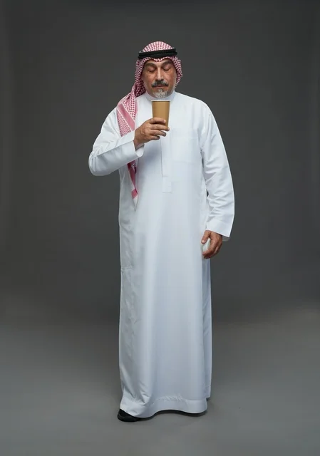 رجل  عربي سعودي خليجي مسن يرتدي الزي الثوب الابيض والشماغ ويحمل فنجان قهوة,  ايماءات واشارات مختلفه , كامل الجسم, خلفيه رماديه