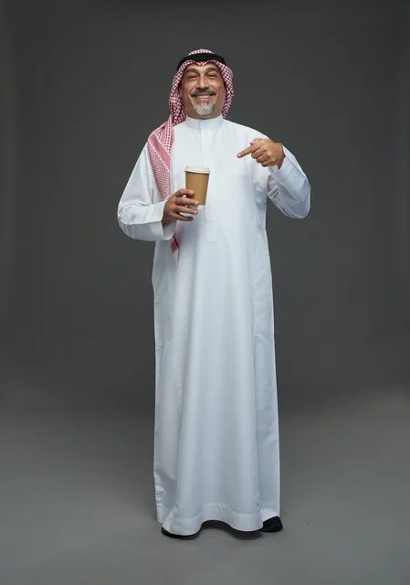 An elderly Arab Saudi Gulf man wearing a white thobe and a shemagh, holding a cup of coffee, with various gestures and signs, full body, gray background.