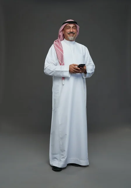 An elderly Arab Saudi Gulf man wearing a white thobe and a shemagh, holding a mobile phone, with various gestures and signals, full body, gray background.