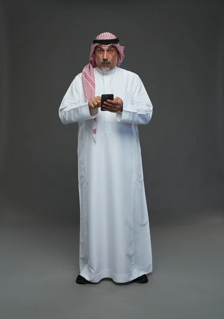 رجل  عربي سعودي خليجي مسن يرتدي الزي الثوب الابيض والشماغ ويمسك الهاتف المحمول,  ايماءات واشارات مختلفه , كامل الجسم, خلفيه رماديه