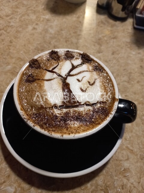 فنجان قهوه سوداء, رسم فني من الشوكولاته على فنجان القهوه, قهوة الصباح, مقاهي المملكه العربيه السعوديه