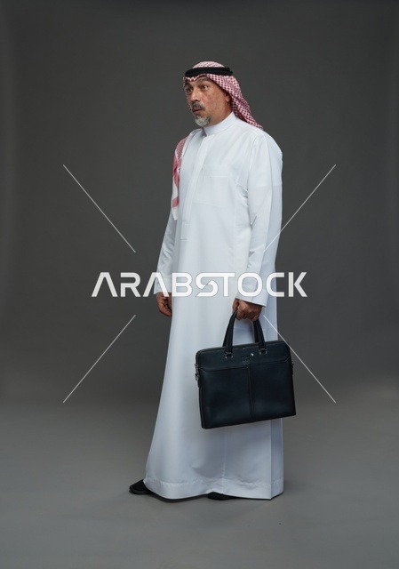 A Saudi Arabian Gulf businessman wearing a white thobe and a shemagh, carrying a laptop bag, with various gestures and signals, full body, gray background.