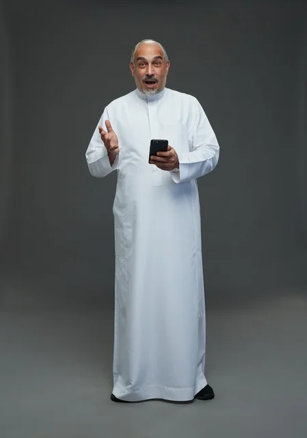 رجل  عربي سعودي خليجي مسن يرتدي الزي الثوب الابيض ويمسك الهاتف المحمول,  ايماءات واشارات مختلفه , كامل الجسم, خلفيه رماديه