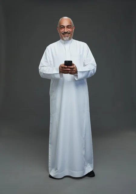 An elderly Arab Saudi Gulf man wearing a white thobe and holding a mobile phone, making various gestures and signals, full body, gray background.