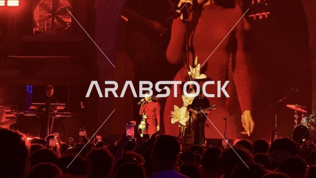 شخصية مضيئة في عرض موسيقي غنائي بفعالية بلد بيست في مدينة جدة التاريخية، المملكة العربية السعودية، مهرجان موسيقي وفني من تنظيم مدل بيست يوم 30 من يناير 2026،  تجربة فنية معاصرة، أجواء احتفالية نابضة بالطاقة، تفاعل جماهيري واسع، الموسيقى والفن في قلب جدة وعلى مقربة من ساحل البحر الأحمر.