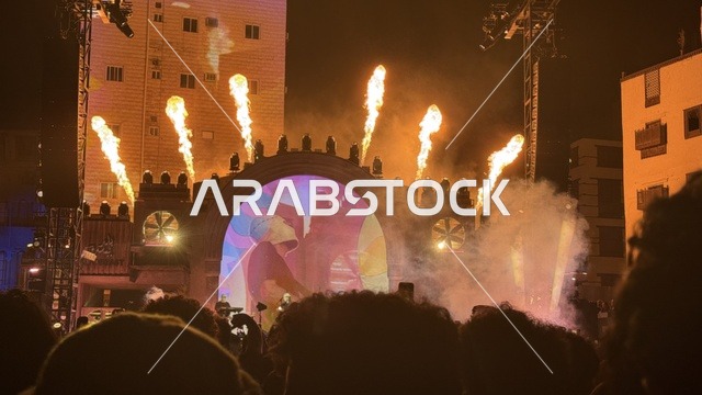 الاجواء الصاخبة والالعاب النارية في فعالية بلد بيست في مدينة جدة التاريخية، المملكة العربية السعودية، مهرجان موسيقي وفني من تنظيم مدل بيست يوم 30 من يناير 2026،  عرض موسيقي غنائي وتجربة فنية معاصرة، أجواء احتفالية نابضة بالطاقة، تفاعل جماهيري واسع، الموسيقى والفن في قلب جدة وعلى مقربة من ساحل البحر الأحمر.