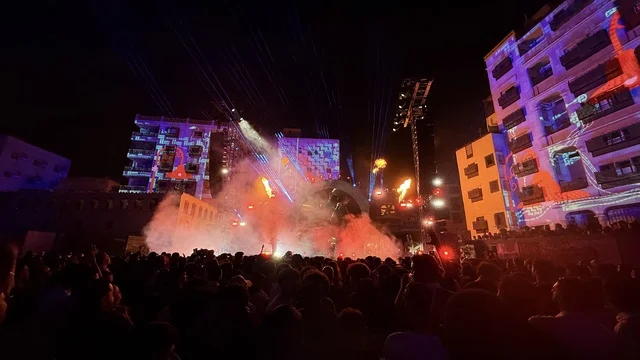 The lively atmosphere and fireworks at the Balad Beast event in the historic city of Jeddah, Saudi Arabia, a music and arts festival organized by MDL Beast on January 30, 2026, featuring a musical performance and contemporary artistic experience, vibrant celebratory vibes, wide public interaction, music and art at the heart of Jeddah and close to the Red Sea coast.
