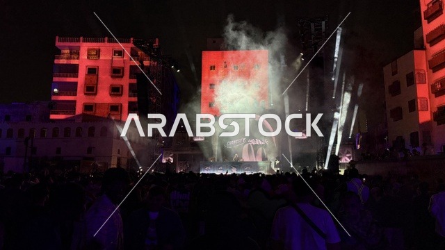 A wide public interaction at the Balad Beast event platform in the historic city of Jeddah, Saudi Arabia, a music and arts festival organized by MDL Beast on January 30, 2026, featuring a musical performance and contemporary artistic experience, with a vibrant celebratory atmosphere, music and art in the heart of Jeddah and close to the Red Sea coast.